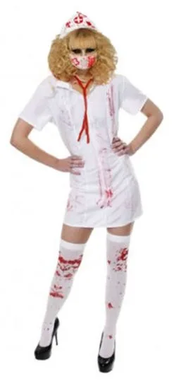 Bloody White Dress Halloween Zombie Nurse With Free Hat & Stockings Fancy Dress