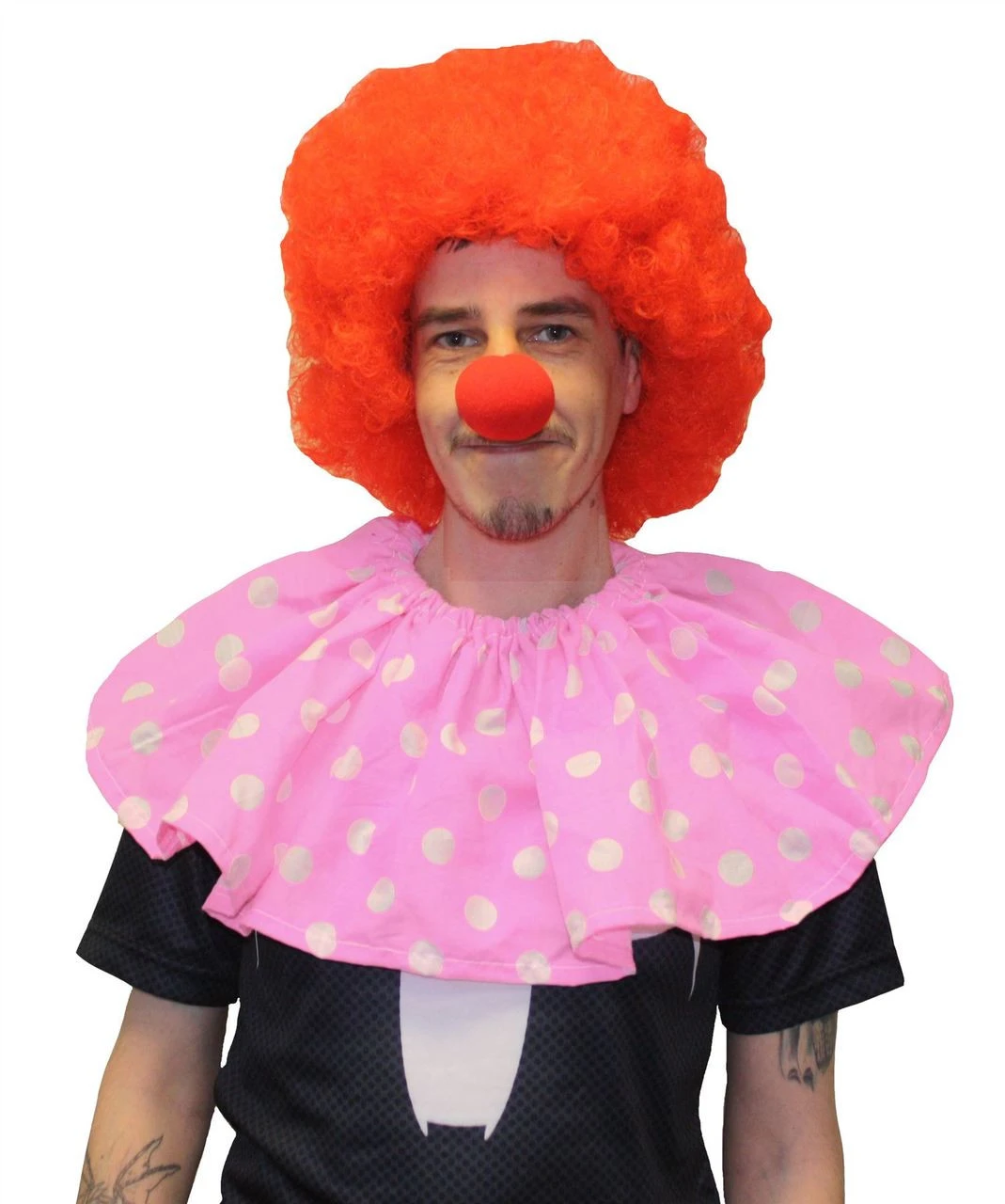 Baby Pink & White Polka Dot Clown Collar With Red Afro & Sponge Clown Nose 3 Baby Pink & White Polka Dot Clown Collar With Red Afro & Sponge Clown Nose