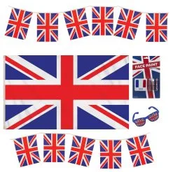 King Charles III Coronation 5ftx3ft Union Jack Flag 4 Metre (11 Flags) Bunting GB Sunglasses United Kingdom Themed Face Paint Coronation Garden Party Pack