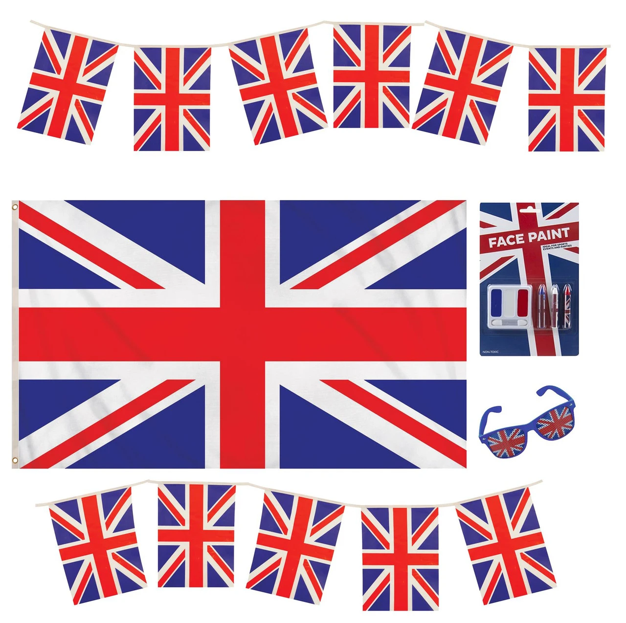 King Charles III Coronation 5ftx3ft Union Jack Flag 4 Metre (11 Flags) Bunting GB Sunglasses United Kingdom Themed Face Paint Coronation Garden Party Pack 3 King Charles III Coronation 5ftx3ft Union Jack Flag 4 Metre (11 Flags) Bunting GB Sunglasses United Kingdom Themed Face Paint Coronation Garden Party Pack