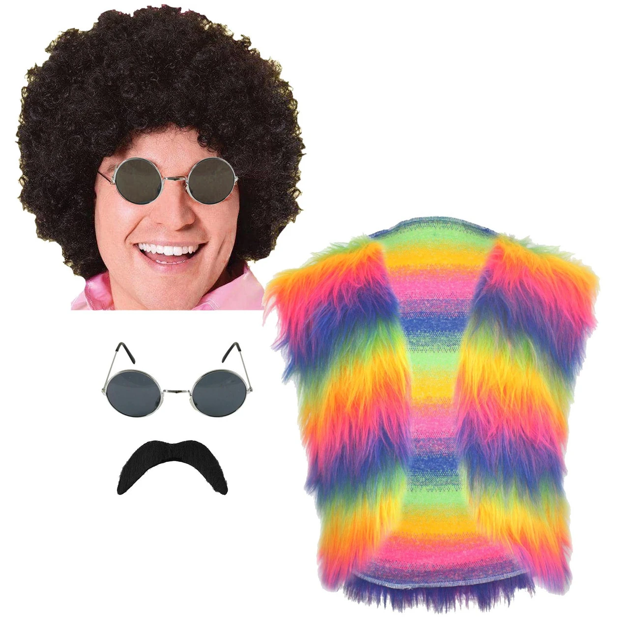 Mens 70s Glam Rocker Disco Dave Fur Waistcoat Afro Tash & Glasses Kit Fancy Dress 6 Mens 70s Glam Rocker Disco Dave Fur Waistcoat Afro Tash & Glasses Kit Fancy Dress - Image 4