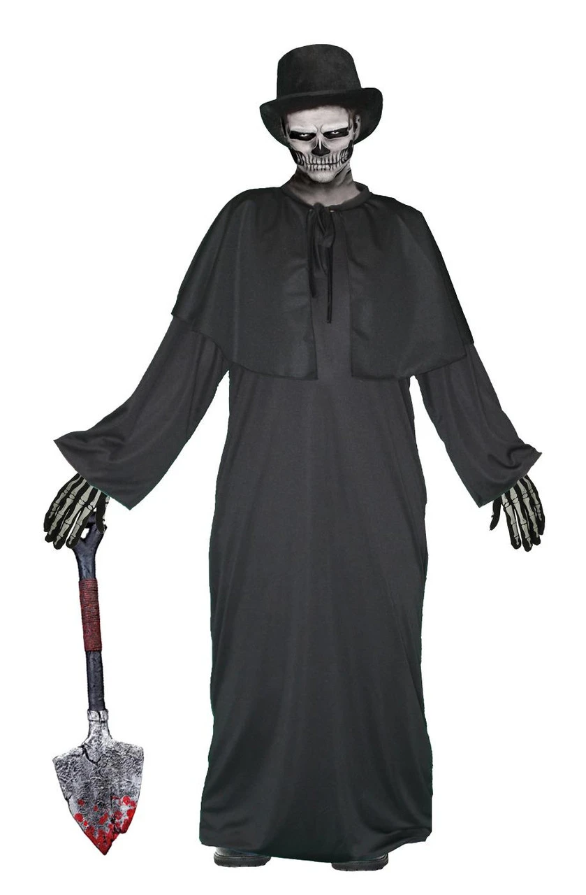 Adults Creepy Grave Digger Halloween Robes Cape Top Hat & Face Paint Fancy Dress Set 3 Adults Creepy Grave Digger Halloween Robes Cape Top Hat & Face Paint Fancy Dress Set