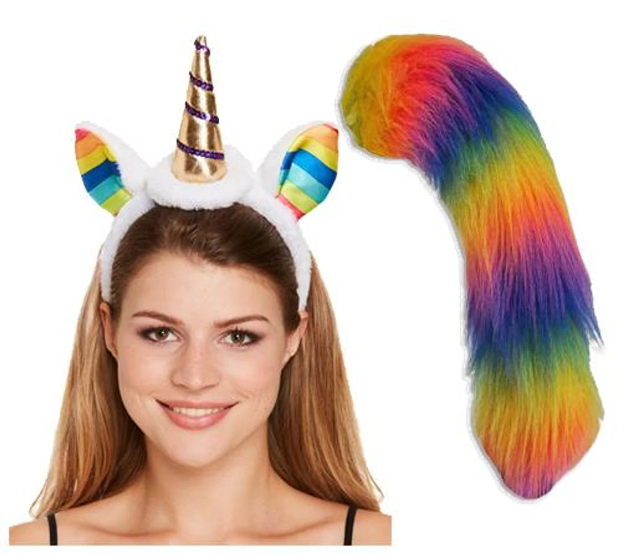 Unicorn Headband & Multicolored 20" Or 30" Faux Fur Tail Fancy Dress Costume Accessory 3 Unicorn Headband & Multicolored 20" Or 30" Faux Fur Tail Fancy Dress Costume Accessory