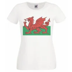 Ladies White Cymru Y Ddraig Goch T-Shirt Wales Flag Welsh Rugby T-Shirt