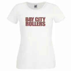 Ladies White 1970s Bay City Rollers Tartan Scottish Pop Rock Band T-Shirt