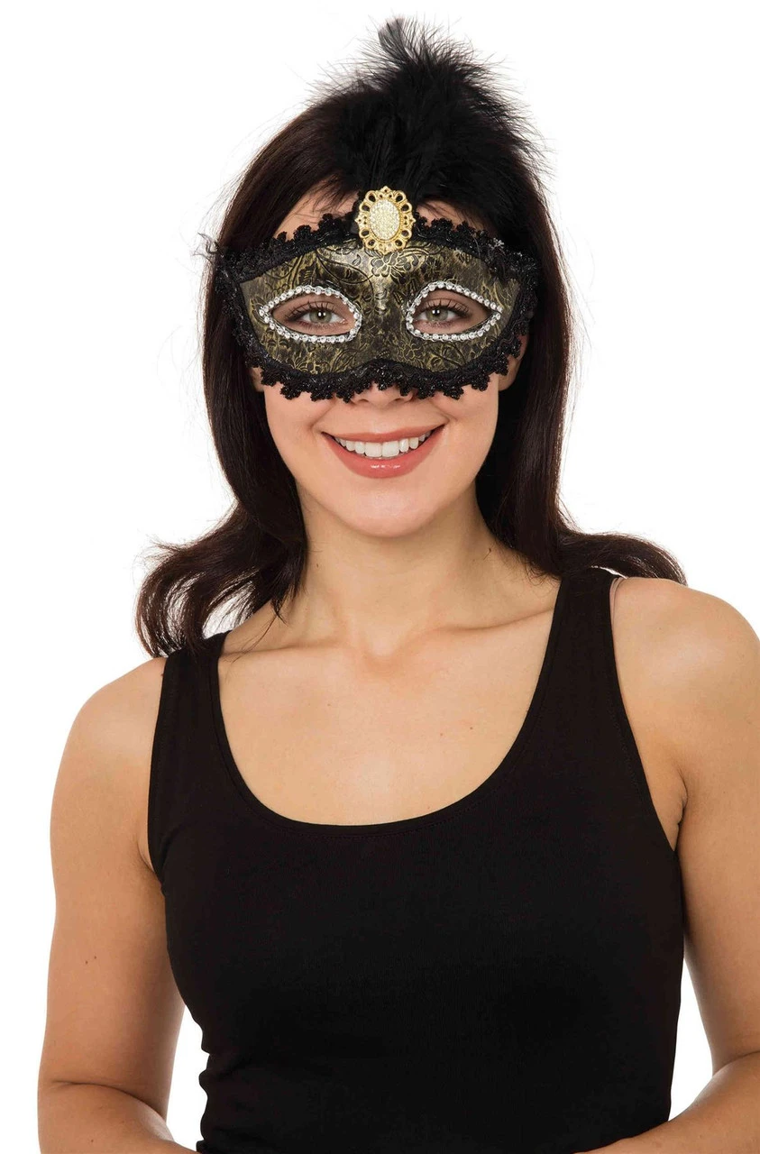 Ladies Bronze Gilted Eye Mask With Tall Feather & Stone Fancy Dress 3 Ladies Bronze Gilted Eye Mask With Tall Feather & Stone Fancy Dress