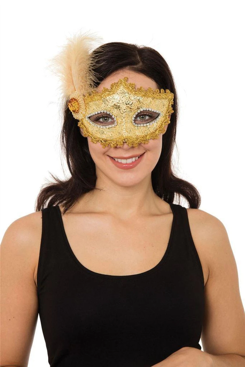 Gold Braided Eye Mask With Tall Feather & Stone Masquerade Fancy Dress 3 Gold Braided Eye Mask With Tall Feather & Stone Masquerade Fancy Dress