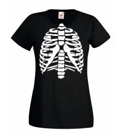 Ladies Black Skeleton Rib Cage T-Shirt Womans Halloween Anatomy Top