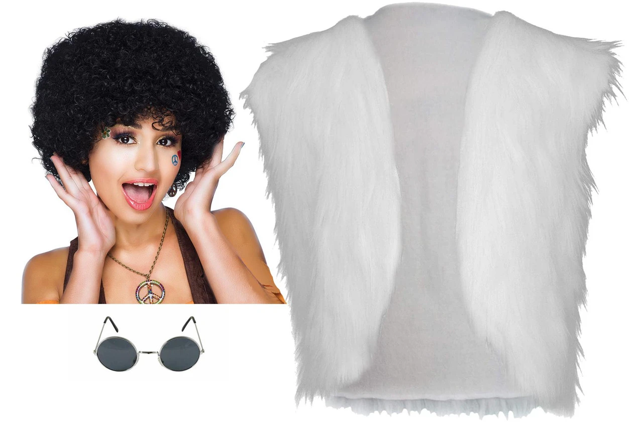 Ladies 70s Disco Diva 1970s Glam Rock Fur Waistcoat Shades & Afro Kit 4 Ladies 70s Disco Diva 1970s Glam Rock Fur Waistcoat Shades & Afro Kit - Image 2
