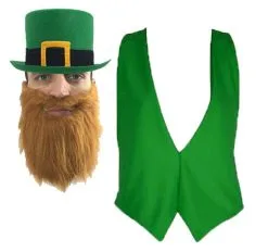 St Patricks Day Irish Ireland Leprachaun Top Hat Beard & Waistcoat Fancy Dress Costume Accessories