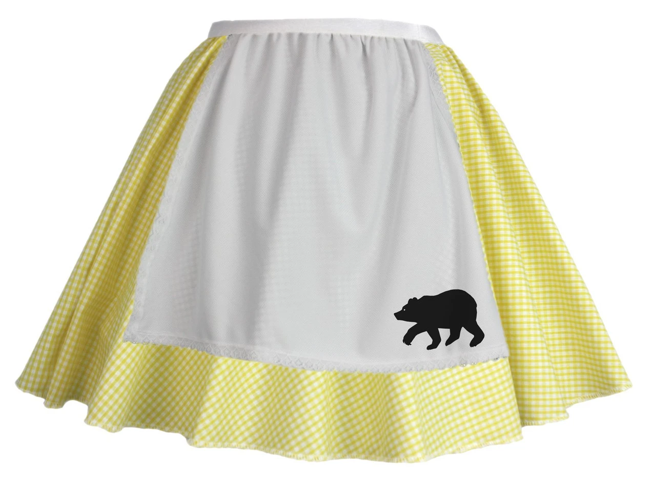 Ladies Goldilocks Yellow Gingham Fancy Dress Skater Skirt - Printed Bear Apron 3 Ladies Goldilocks Yellow Gingham Fancy Dress Skater Skirt - Printed Bear Apron
