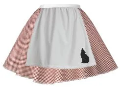 Ladies Little Red Riding Hood Red Gingham Fancy Dress Skater Skirt - Printed Wolf Apron