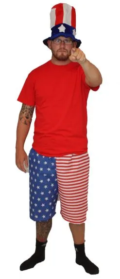 Adults USA Independence Day 4th Of July America Fancy Dress Shorts & Top Hat Set