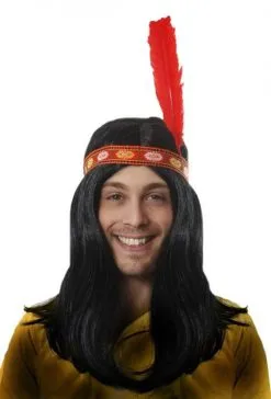 Long Deluxe Native American Male Indian Fancy Dress Wig With Red Feather