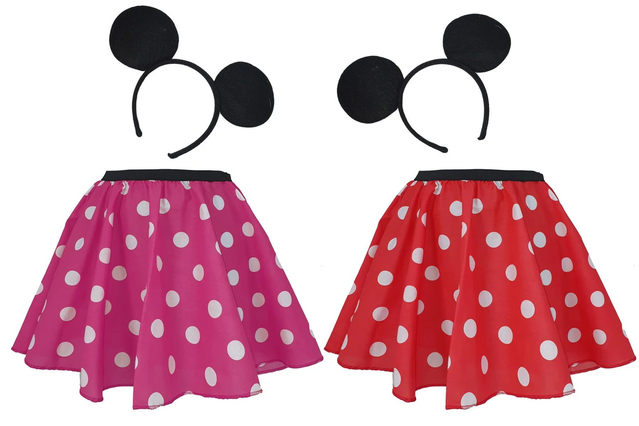 Childs 15" Mini Polka Dot Cartoon Mrs Mouse Skater Skirt & Ears Set Fancy Dress 3 Childs 15" Mini Polka Dot Cartoon Mrs Mouse Skater Skirt & Ears Set Fancy Dress
