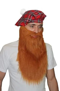 Adults Ginger Scottish Tartan Hat & Beard Highlander Fancy Dress Accessory 2pc Set