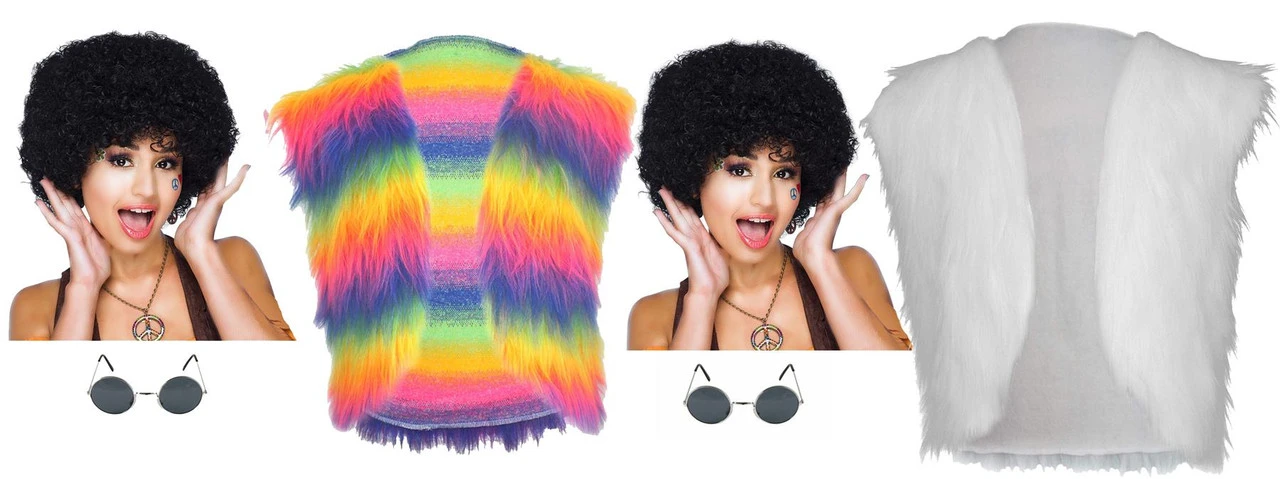 Ladies 70s Disco Diva 1970s Glam Rock Fur Waistcoat Shades & Afro Kit 3 Ladies 70s Disco Diva 1970s Glam Rock Fur Waistcoat Shades & Afro Kit
