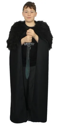 Childs Medieval Cloak Black Watch Viking Cape With Faux Fur Collar Fantasy Fancy Dress [Age 8-12 Years]