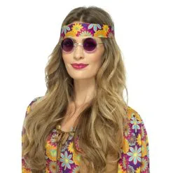 Adults 60's 70s Purple Mirrored Hippie Round Fancy Dress Specs Accessory
