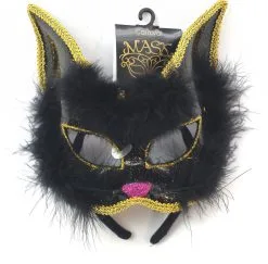 Ladies Cat Masquerade Jewelled Face Mask Ballroom Fancy Dress Accessory [Black Gold Fluffy]