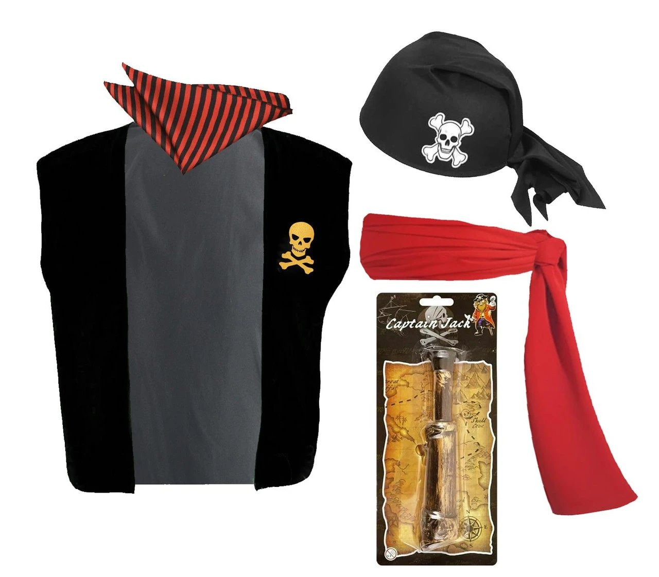 Adults Red & Black Stripe Pirate Fancy Dress Golden Skull Waistcoat & Bandanna 9 Adults Red & Black Stripe Pirate Fancy Dress Golden Skull Waistcoat & Bandanna - Image 7