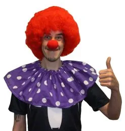 Purple & White Polka Dot Clown Collar With Red Afro & Sponge Clown Nose