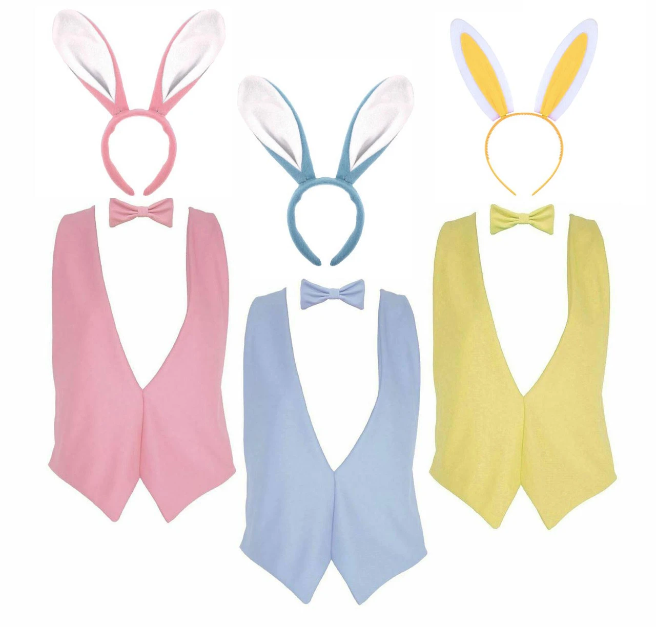 Adults Pastel Easter Bunny Sets Waistcoat Bowtie & Coloured Rabbit Ears 3 Adults Pastel Easter Bunny Sets Waistcoat Bowtie & Coloured Rabbit Ears