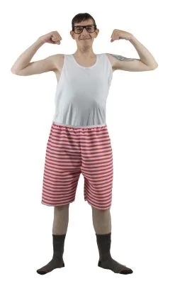 Adults 1990's Mr Muscle TV Advert Comical Skinny Superhero Fancy Dress 3-pc Set