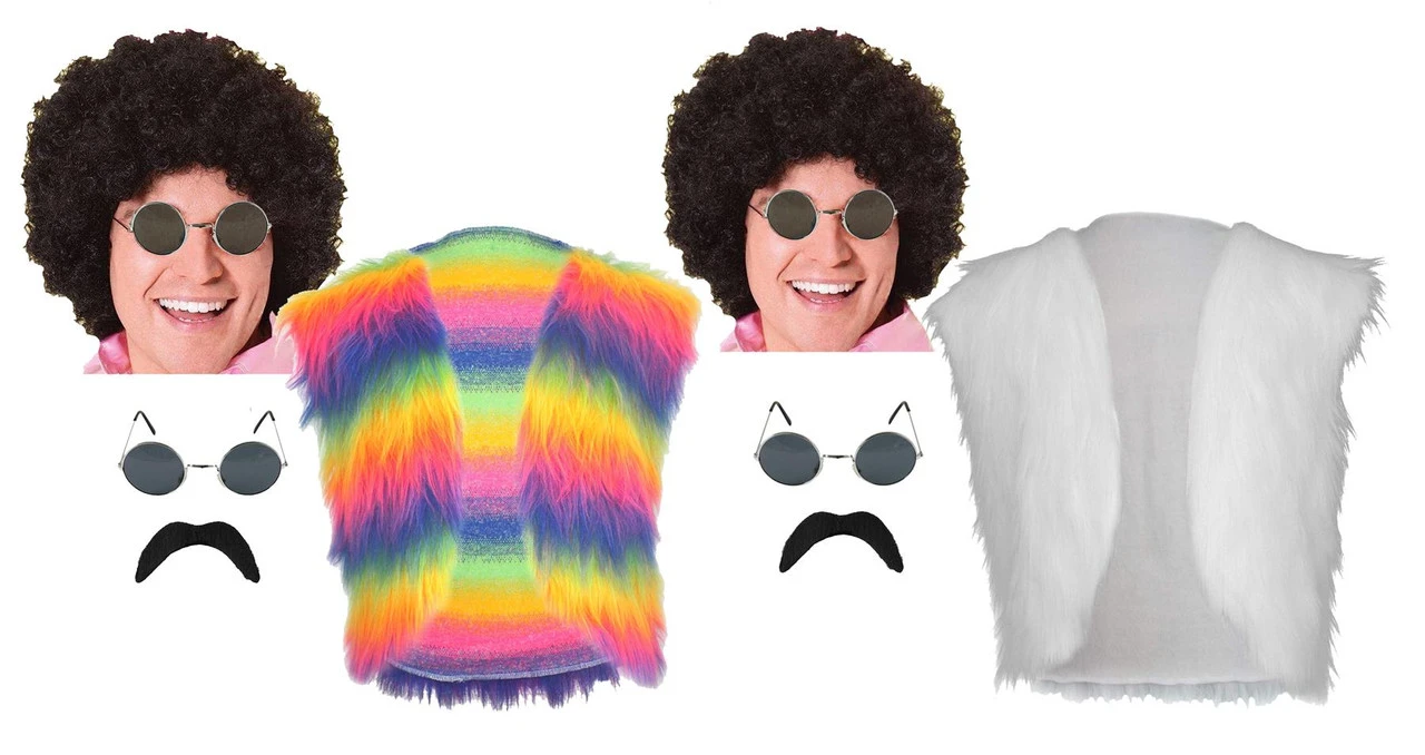 Mens 70s Glam Rocker Disco Dave Fur Waistcoat Afro Tash & Glasses Kit Fancy Dress 3 Mens 70s Glam Rocker Disco Dave Fur Waistcoat Afro Tash & Glasses Kit Fancy Dress