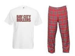 Mens 1970s Bay City Rollers T-shirt & Tartan Fancy Dress Rock Pop Trousers