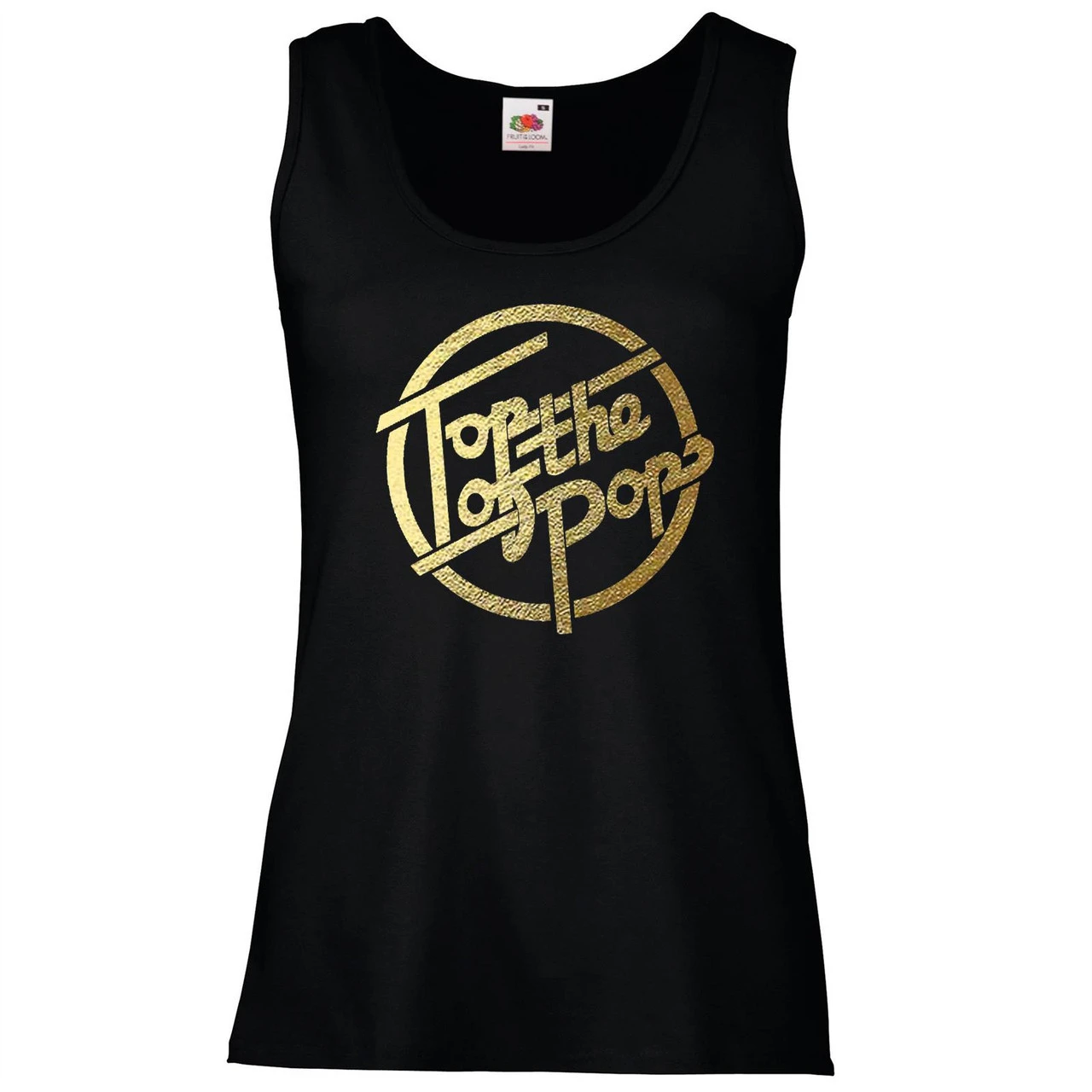 Ladies Black 1970s 80s 90s Top Of The Pops Gold Vinyl Music Vest Top 3 Ladies Black 1970s 80s 90s Top Of The Pops Gold Vinyl Music Vest Top